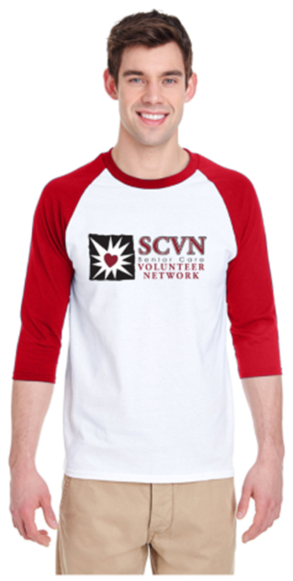 Male wearing a 3/4 sleeve shirt with red sleeves and the SCVN logo on front