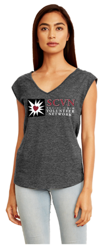 woman wearing a sleevless v neck tshirt with SCVN logo