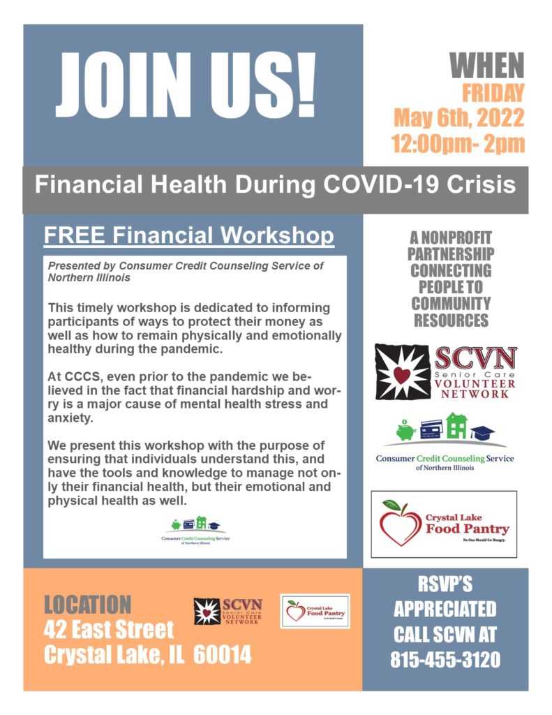 Flyer of the financial workshop.  Call SCVN at 815-455-3120