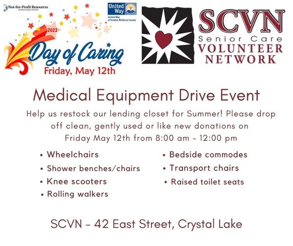Picture describing the items that will be collected at the drive.  Wheelchairs , shower benches, knee scooters, transport chairs, bedside commodes, raised toilet seets